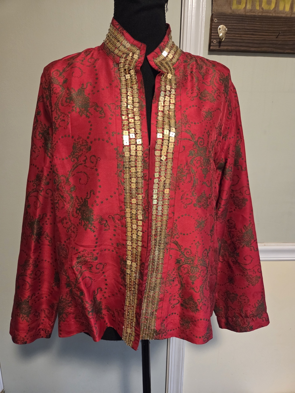 Chico's Red Jacket with Gold Sequin Trim